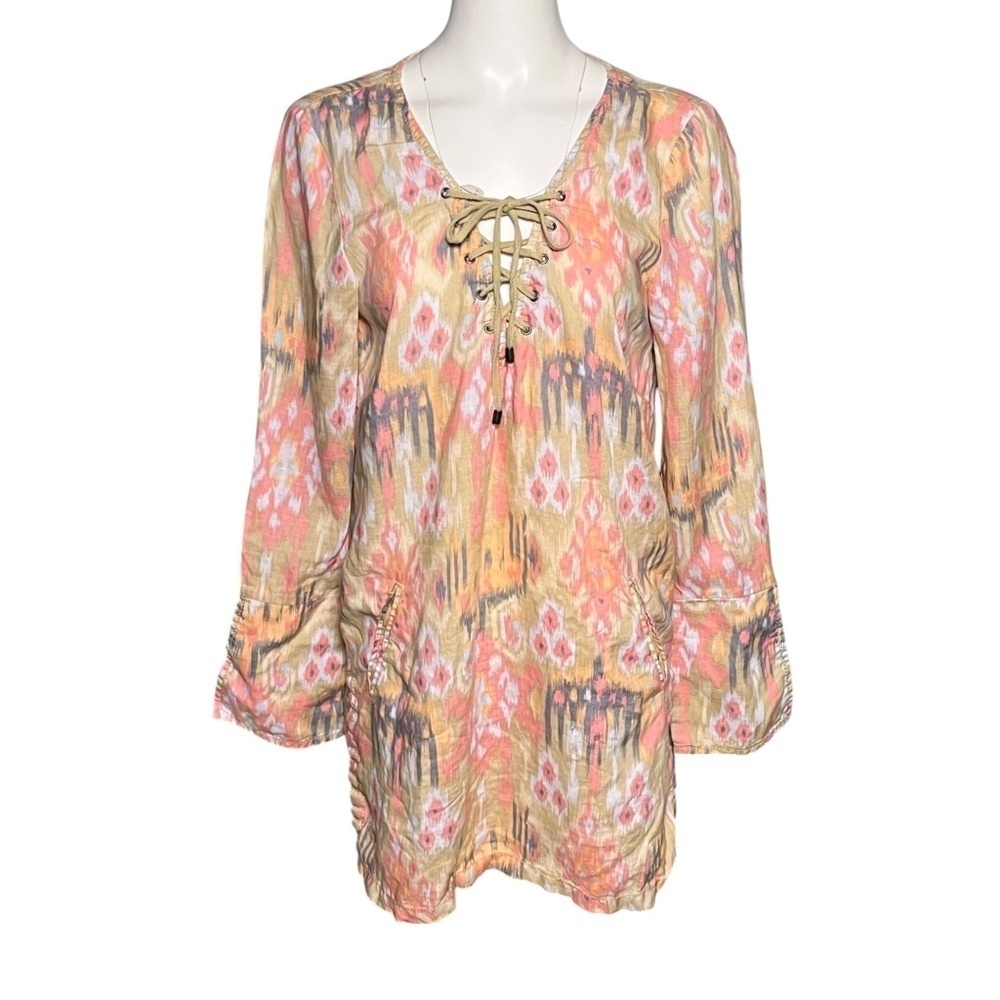 Marrakech Linen Tunic Dress Lace Up Pink Beige Beach Cover Up Pockets Size M
